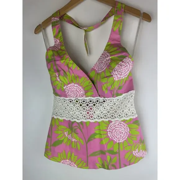 VTG Y2K Lilly Pulizter Chantel Halter Top Palm Beach Hibiscus Pink Womens Size 4 - Picture 6 of 7